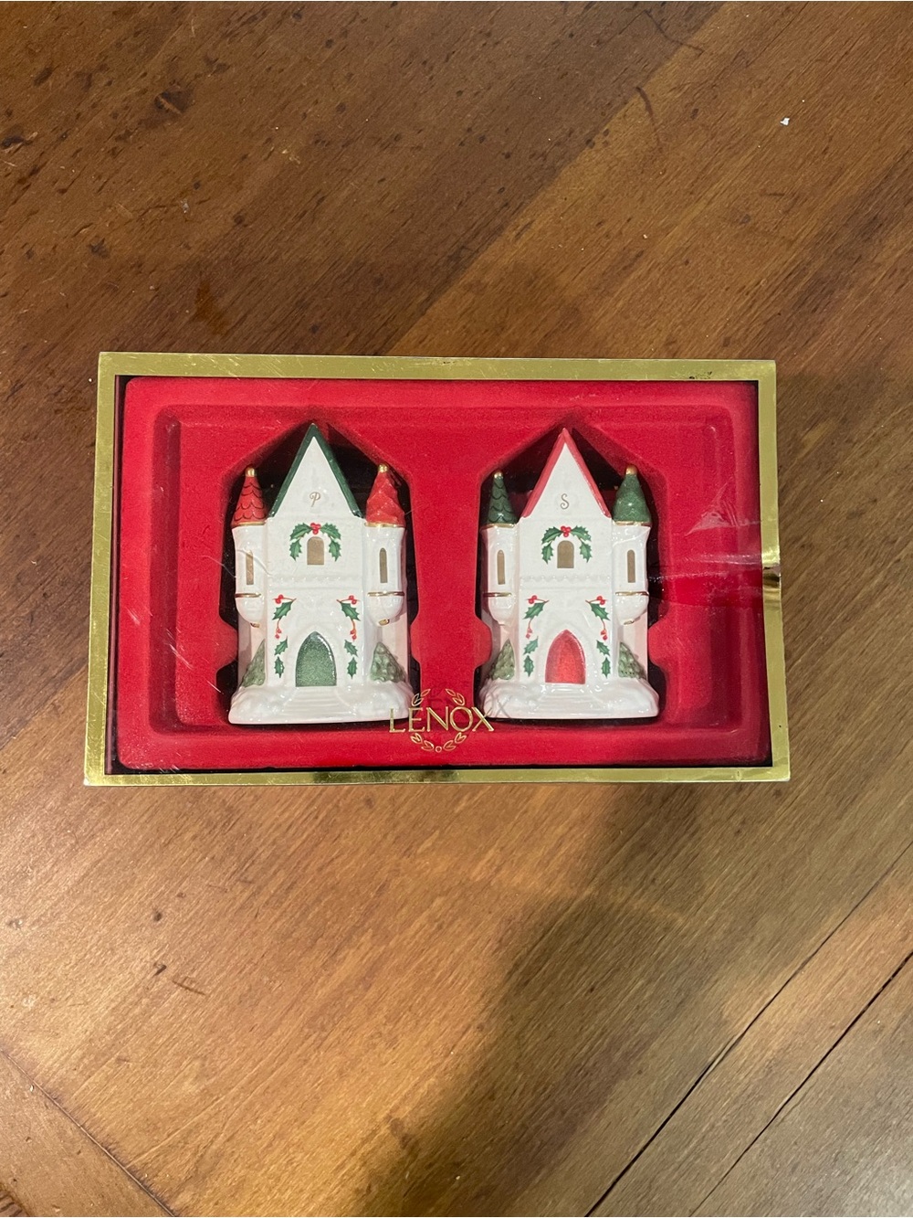 Lenox Holiday Castle Salt and Pepper Shakers - White, Red & Green